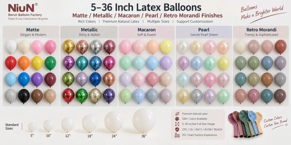 Matte metallic chrome macaron pastel pearl and retro Morandi latex balloon finish families manufactured by Borun Balloon Factory